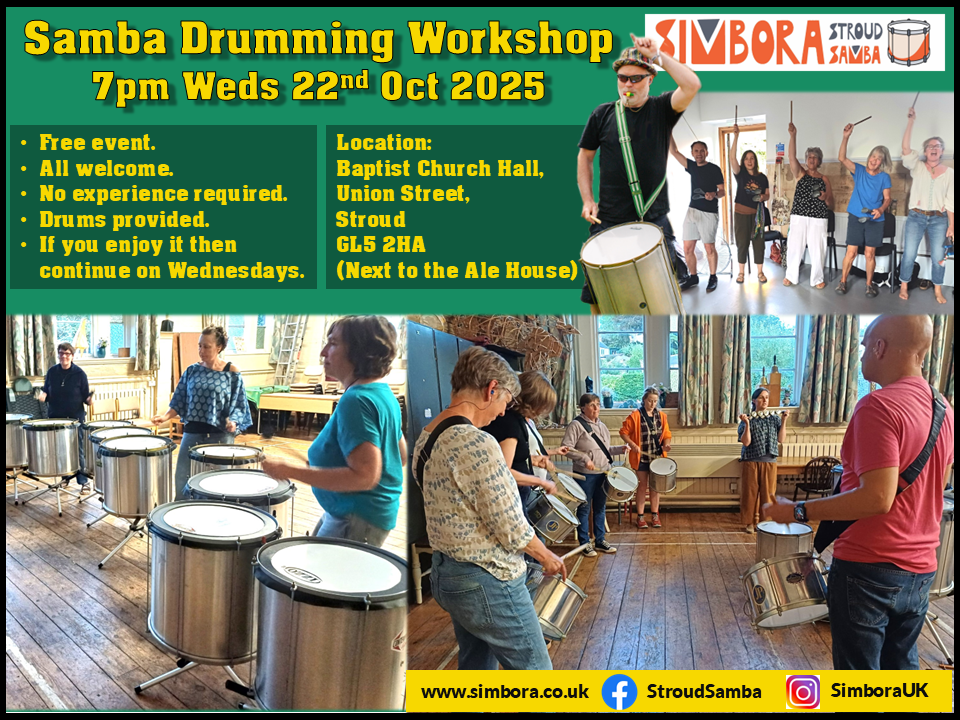 Beginners' samba drumming workshop in Stroud on Weds 25th October 2025.